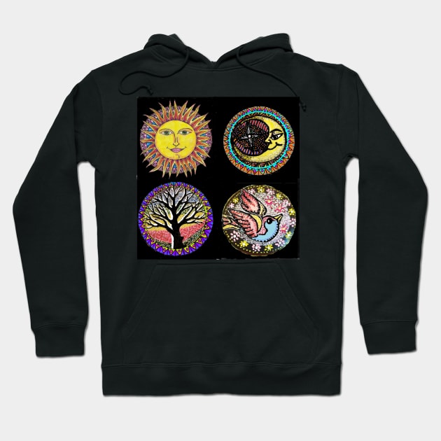 4 Tattoo Symbols Sun,Moon,Tree and Bluebird Hoodie by LowEndGraphics